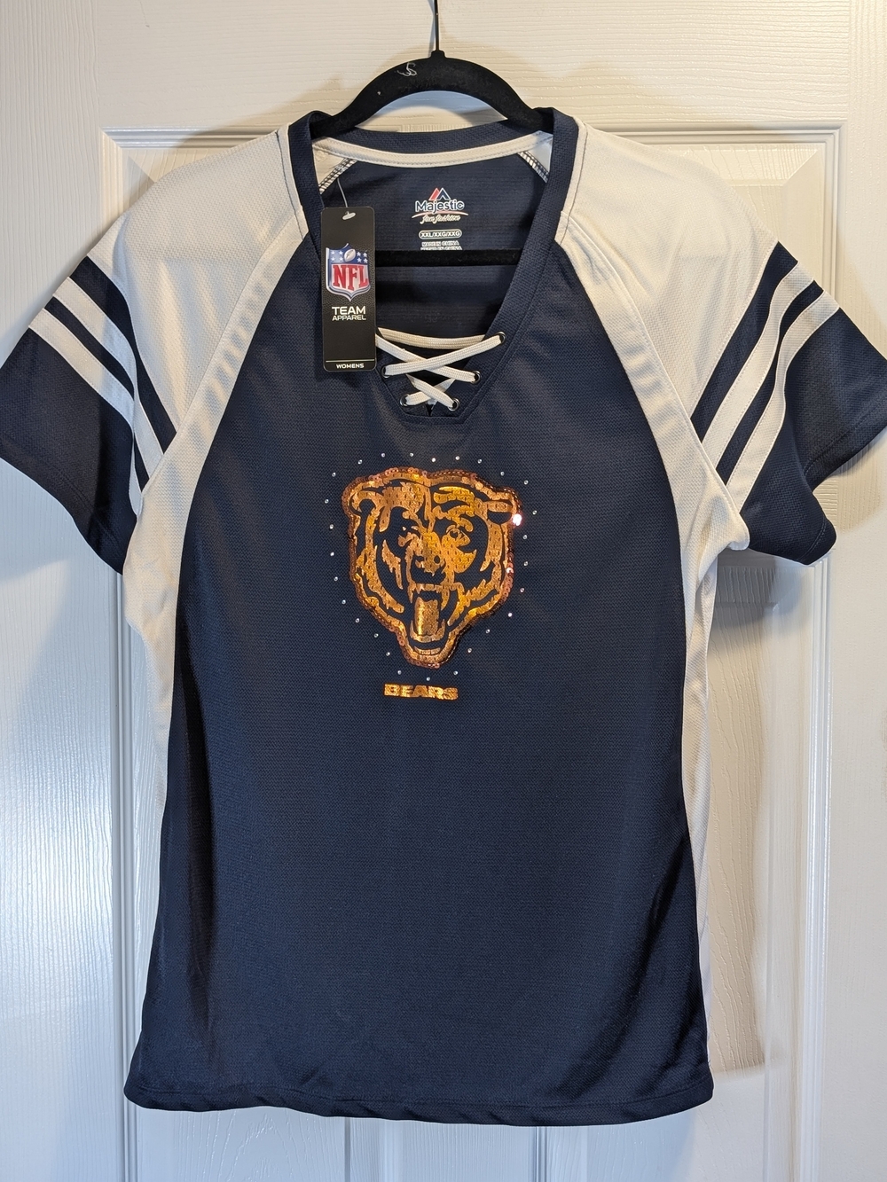 NFL Chicago Bears Navy and White Lace-Up Women'Jersey with Embellished Bear Logo